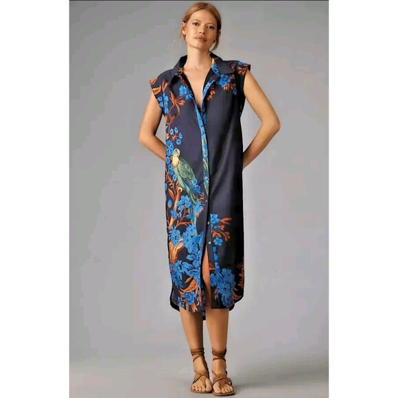 Anthropologie Maeve The Lillian Cap Sleeve Button Front Midi Dress Navy Boho M - Picture 1 of 12